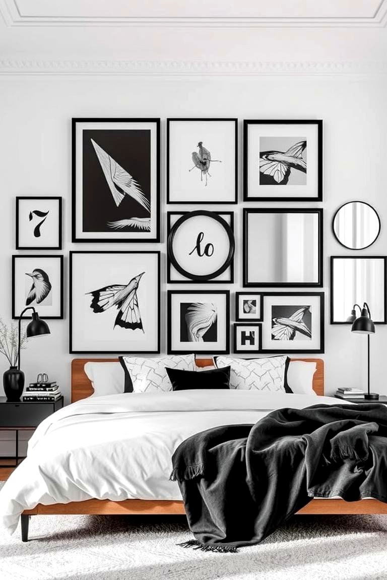 Modern Gallery Wall Display - 24 Feminine Black and White Bedroom Ideas