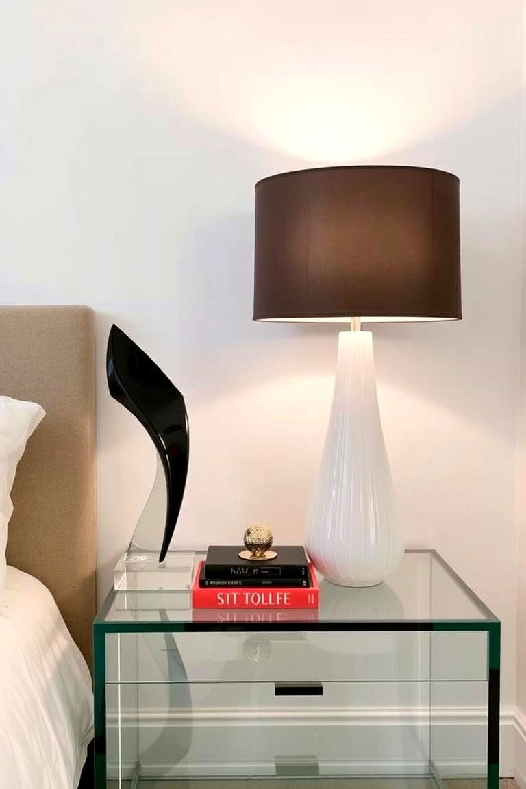 Modern Glass Nightstand with a Statement Piece - 24 Nightstand Decor Ideas