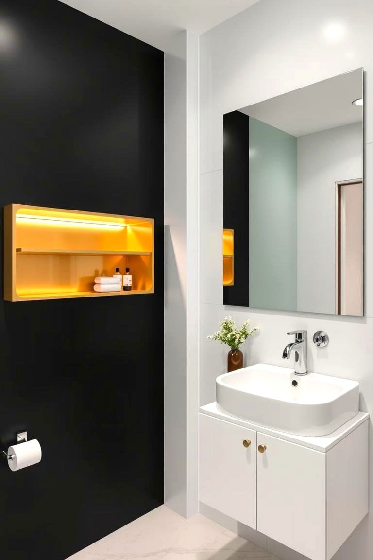 Modern Gold Shelving on Black Walls - 24 Black and Gold Bathroom Ideas