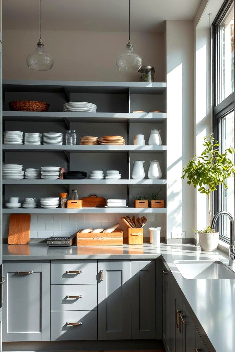 Modern Gray Open Shelving - 24 Gray and Black Kitchen Ideas