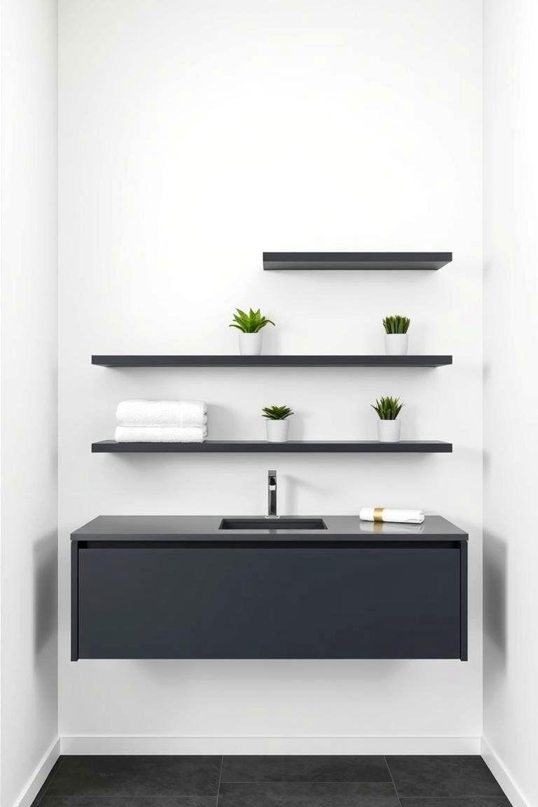 Modern Grey Floating Shelves Against a White Wall - 24 Grey and White Bathroom Ideas