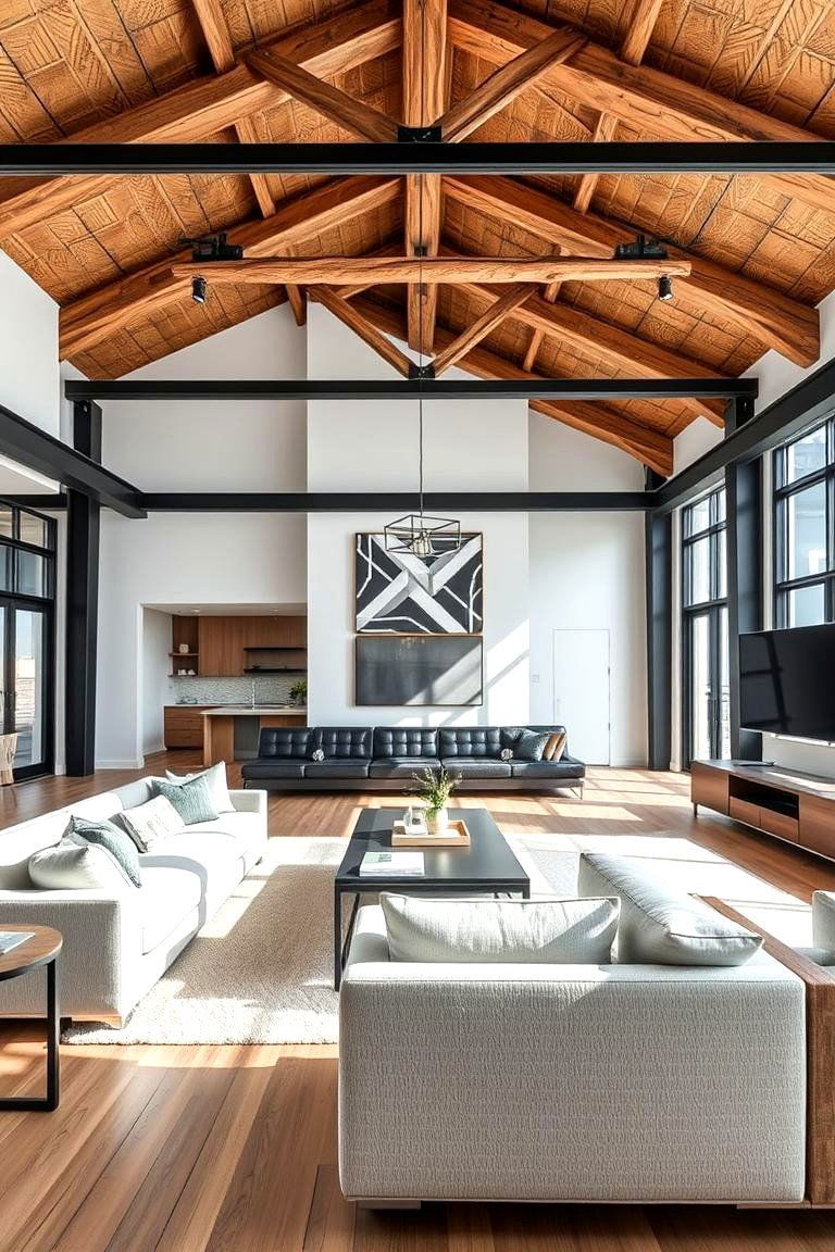 Modern Industrial Vibe - 24 Exposed Beam Living Room Ideas