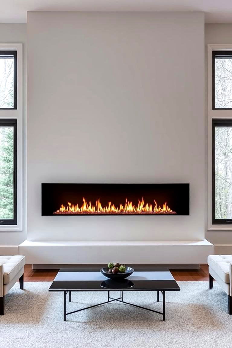 Modern Linear Fireplace Between Windows - 24 Fireplace Between Windows Ideas
