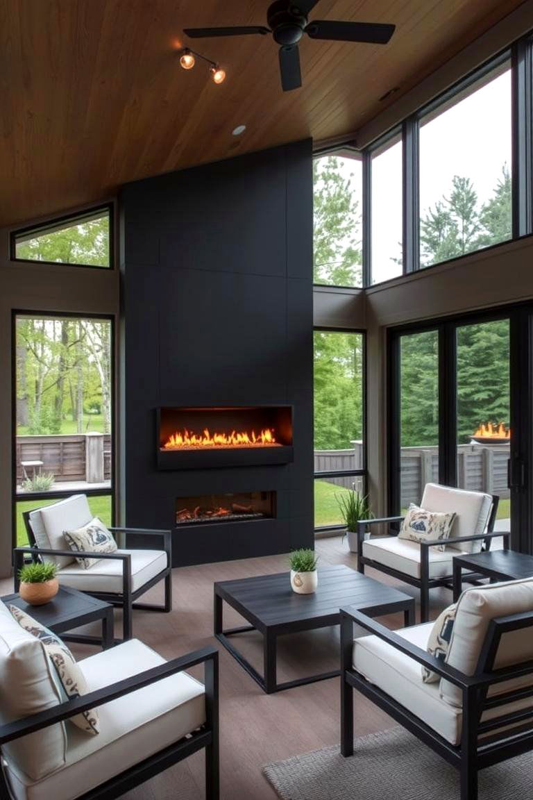 Modern Linear Gas Fireplace - 24 Screened-in Porch With Fireplace Ideas