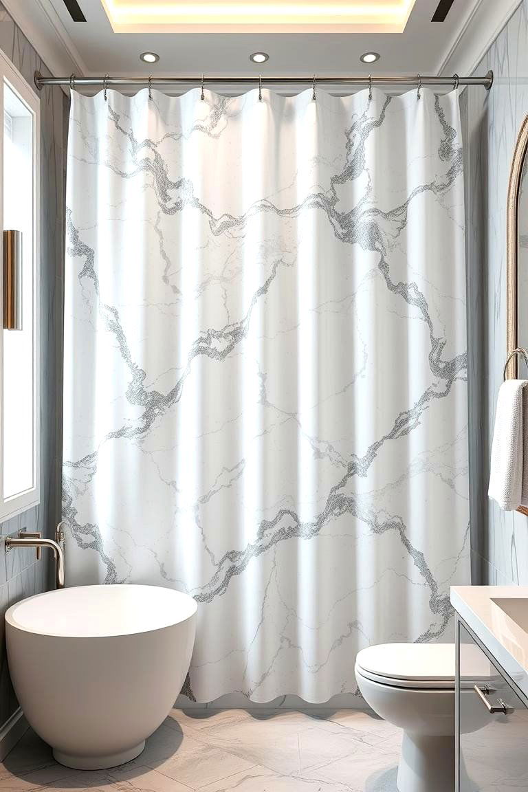 Modern Luxury with a Marble Pattern Shower Curtain - 24 Shower Curtain Ideas