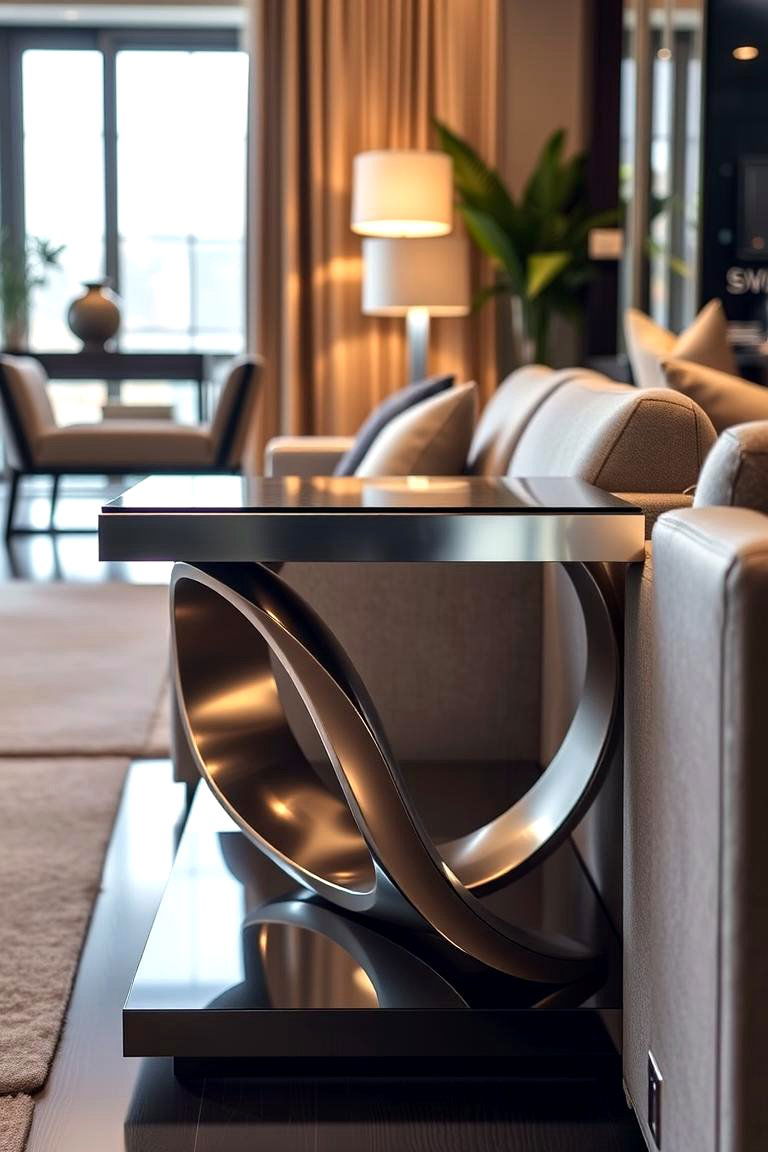 Modern Metallic Touches - 24 Sofa Table Decor Ideas
