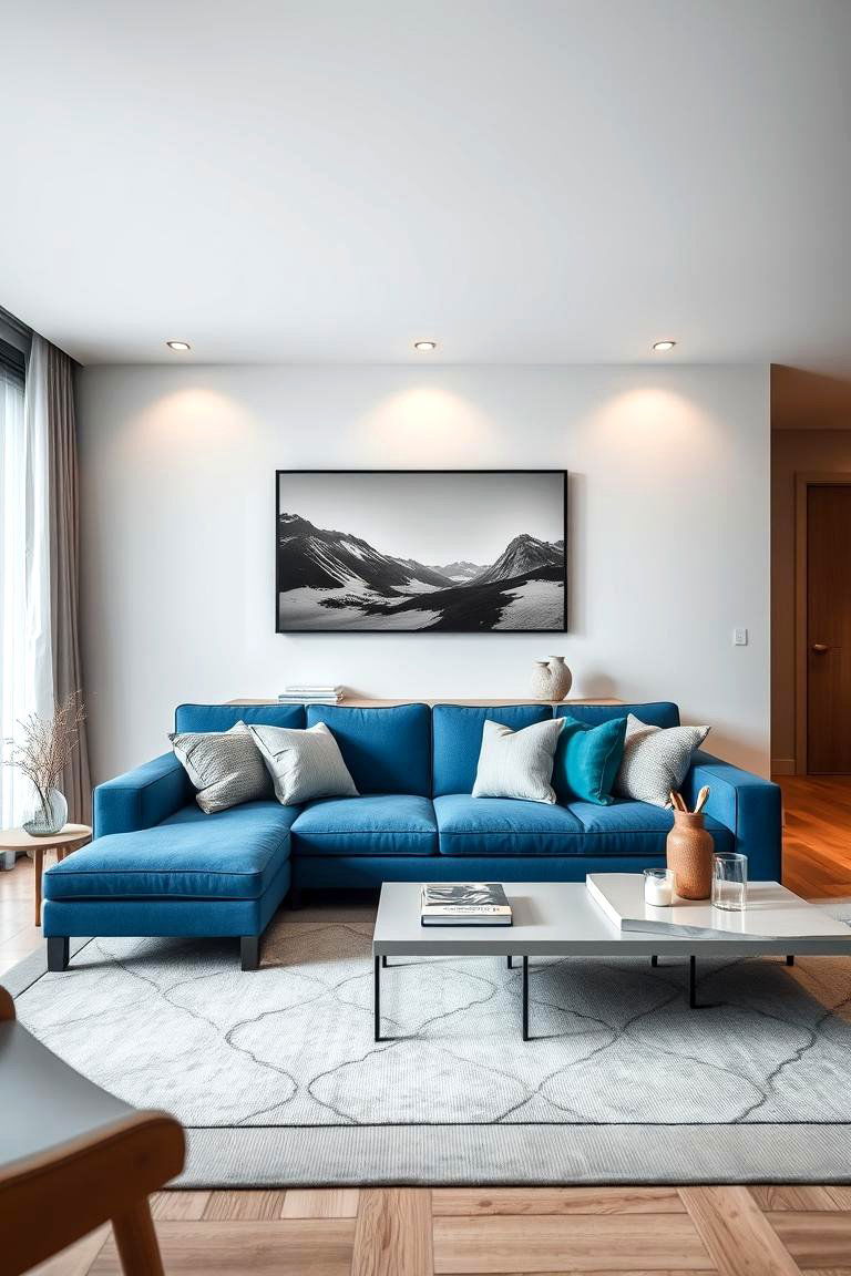 Modern Minimalist Blue Couch with Neutral Accents - 24 Blue Couch Living Room Ideas
