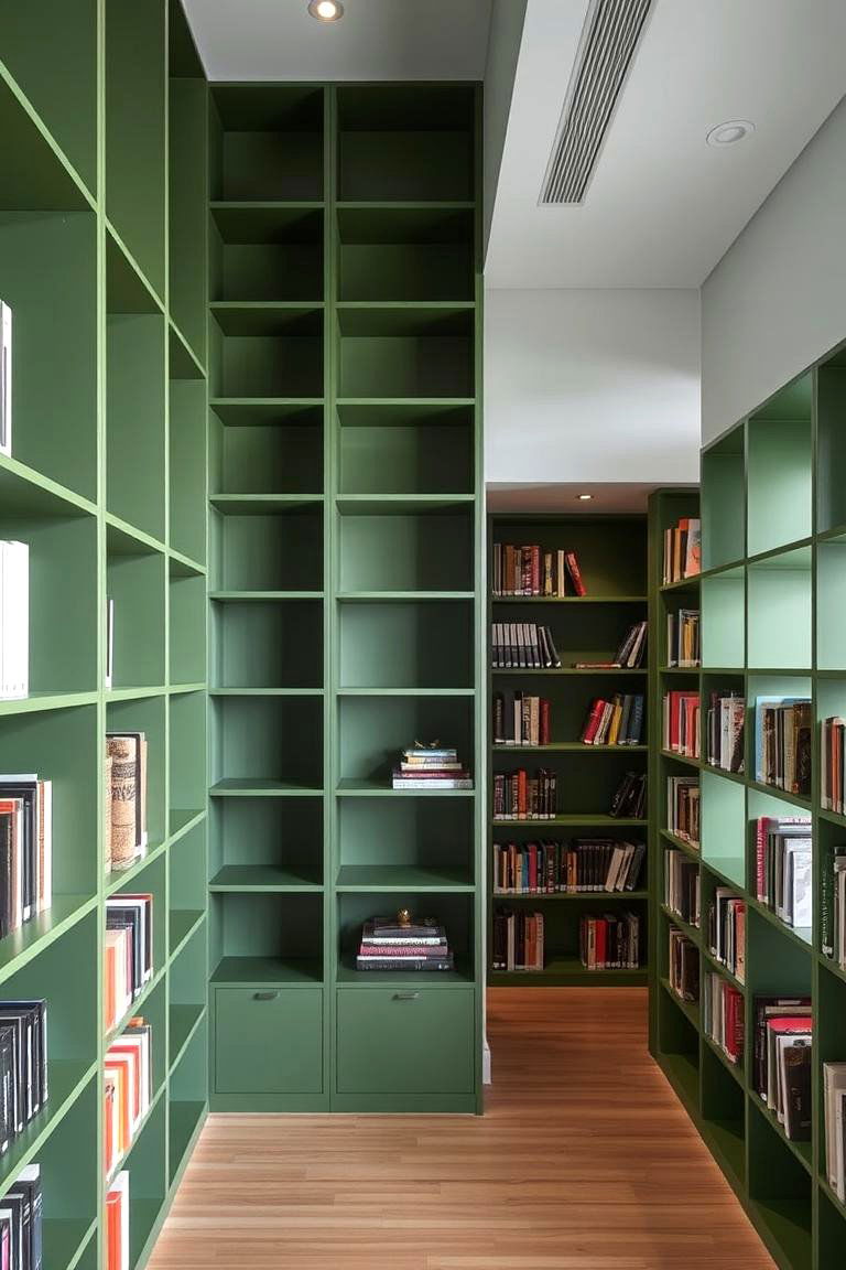 Modern Minimalist Green Shelving - 24 Dark Green Home Library Ideas and Inspiration
