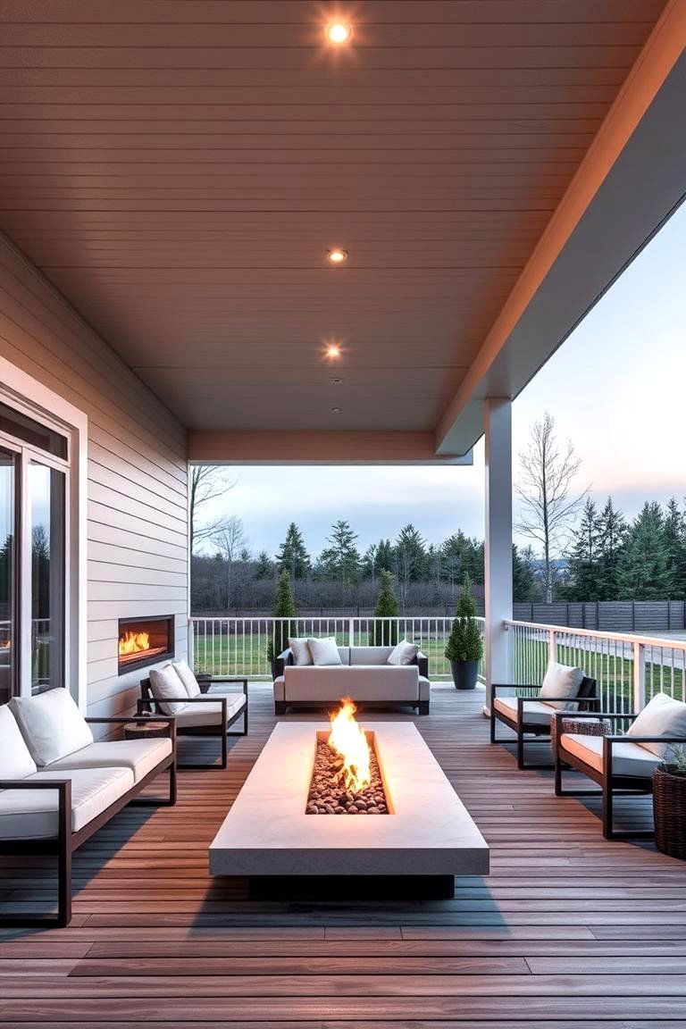 Modern Minimalist Linear Fireplace Elegance - 24 Covered Deck With Fireplace Ideas