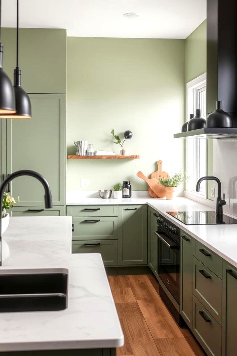 Modern Mixed Sage Green Walls and Black Fixtures - 24 Sage Green and Black Kitchen Ideas