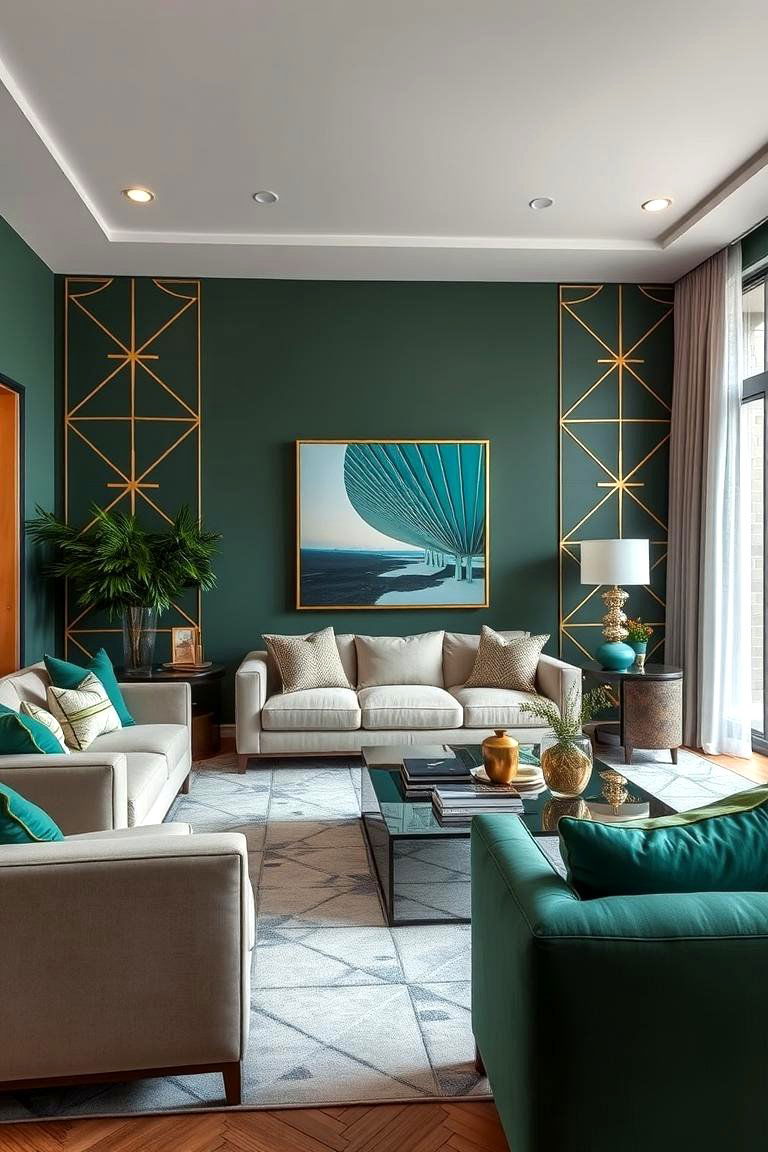 Modern Opulence with Gold Geometric Patterns and Green Details - 24 Green and Gold Living Room Ideas