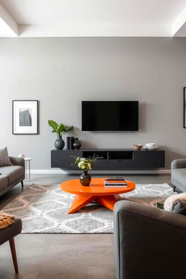 Modern Orange Coffee Table in a Grey Room - 24 Orange and Grey Living Room Ideas