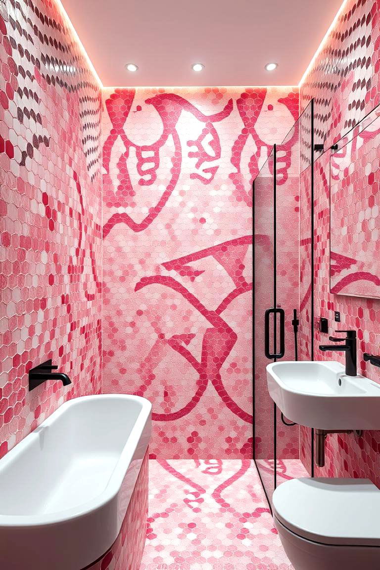 Modern Pink Mosaic - 24 Pink Tile Bathroom Ideas