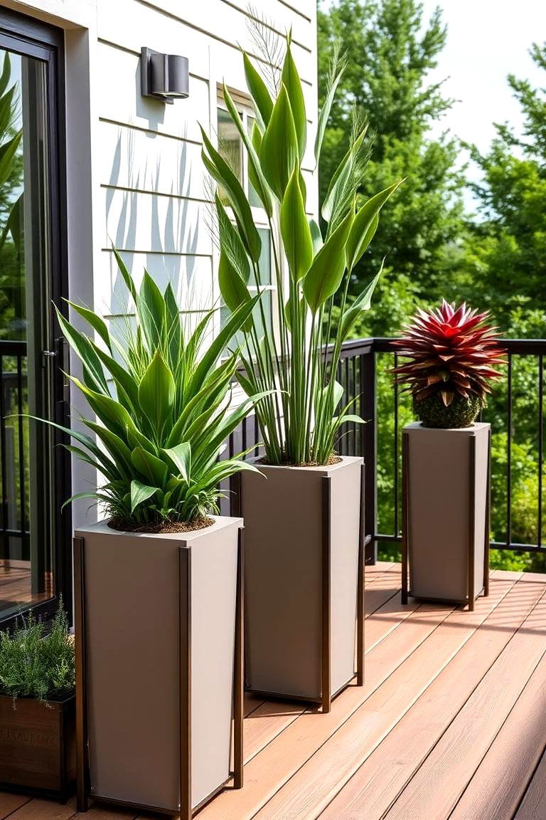 Modern Planter Stands and Sculptural Plants - 24 Deck Decorating Ideas With Plants