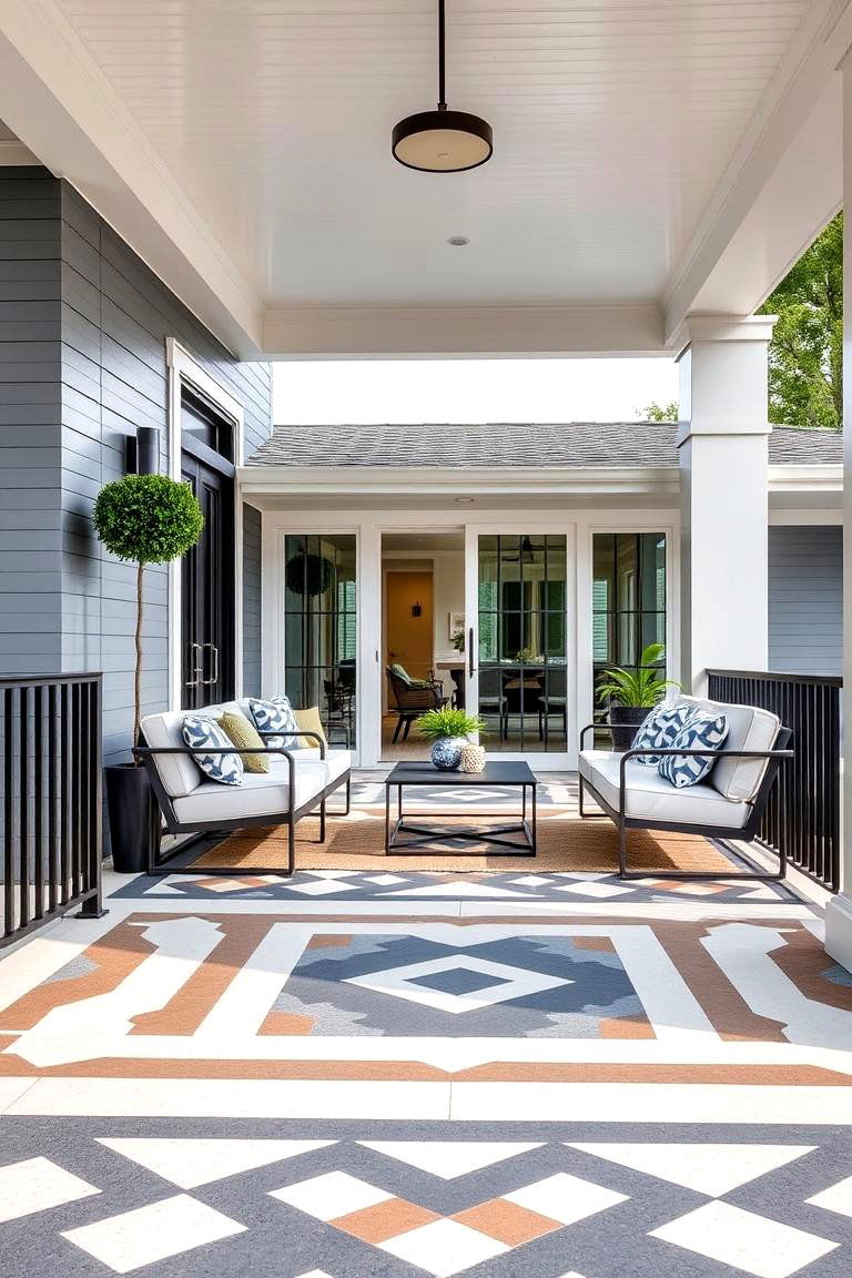 Modern Porch with Bold Geometric Patterns - 24 Barndominium Front Porch Ideas