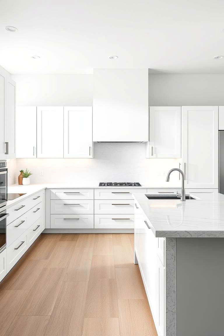 Modern Slab Doors with Light Grey Waterfall Edge - 24 White Kitchen Cabinets With Grey Island Ideas
