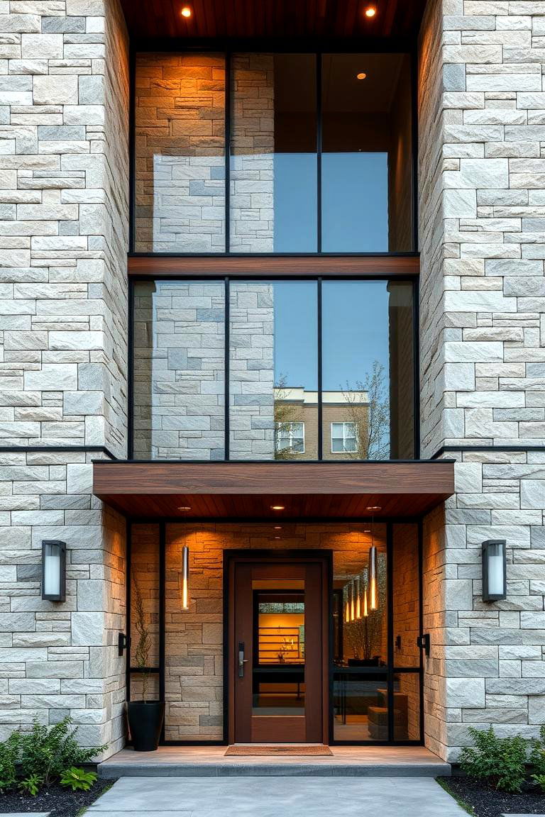 Modern Stone Facade with Mixed Materials - 24 Stone Exterior Home Ideas
