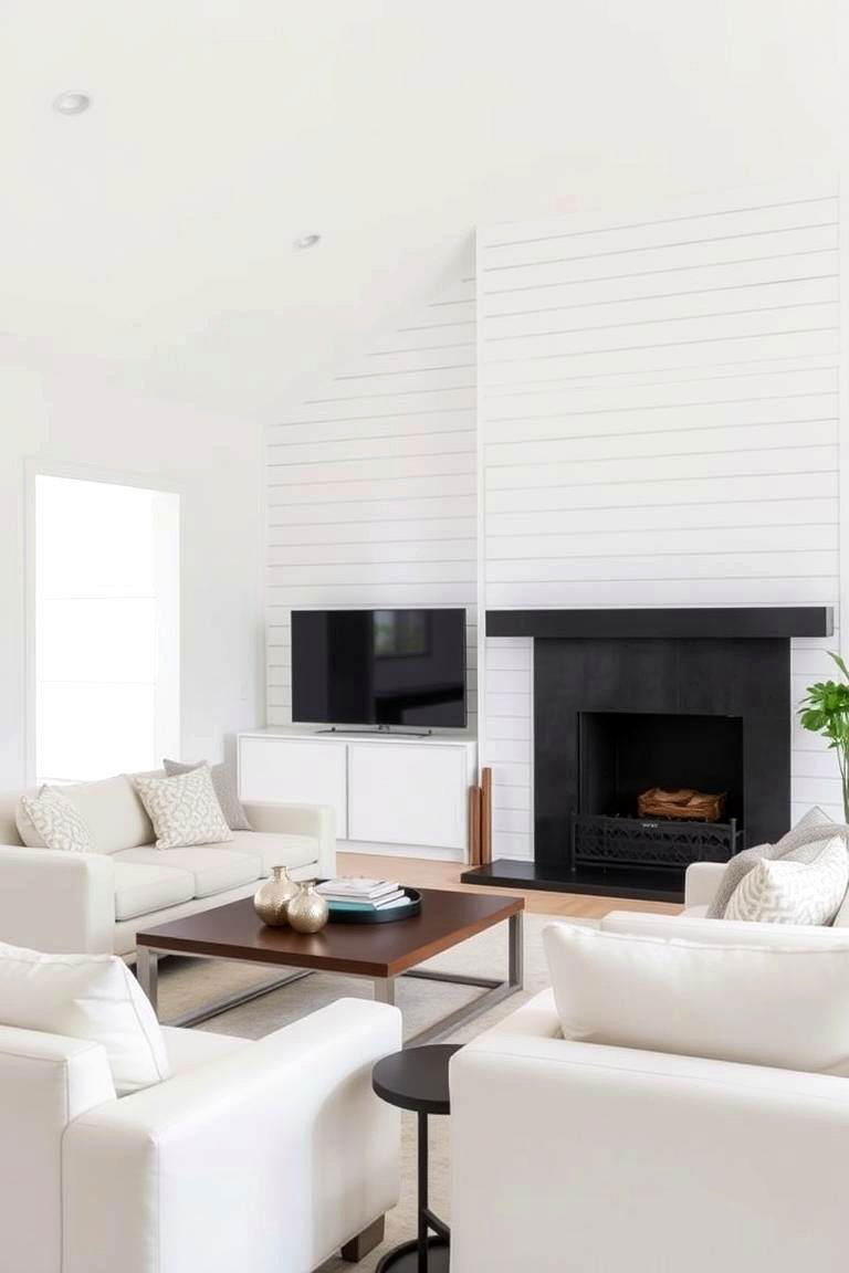 Modern White Shiplap with Dark Accents - 24 Fireplace Wall Ideas