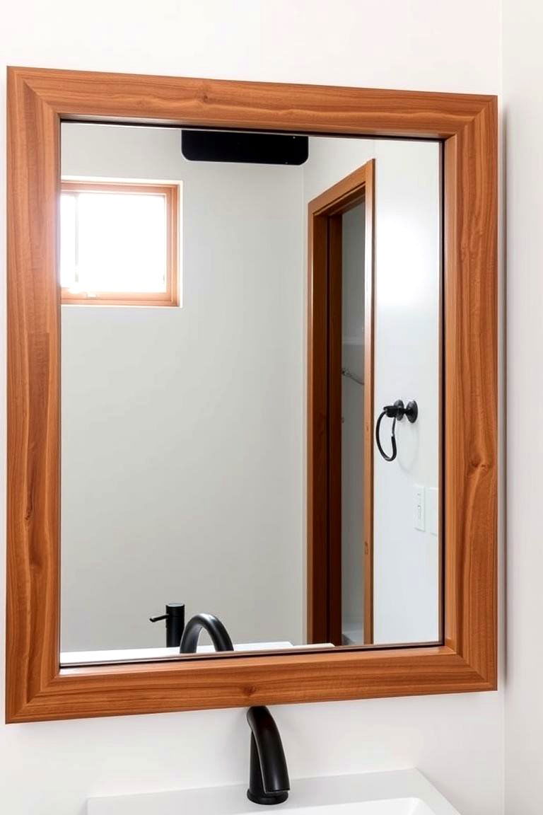 Modern Wood Framed Mirror and Black Fixtures - 24 Black and Wood Bathroom Ideas