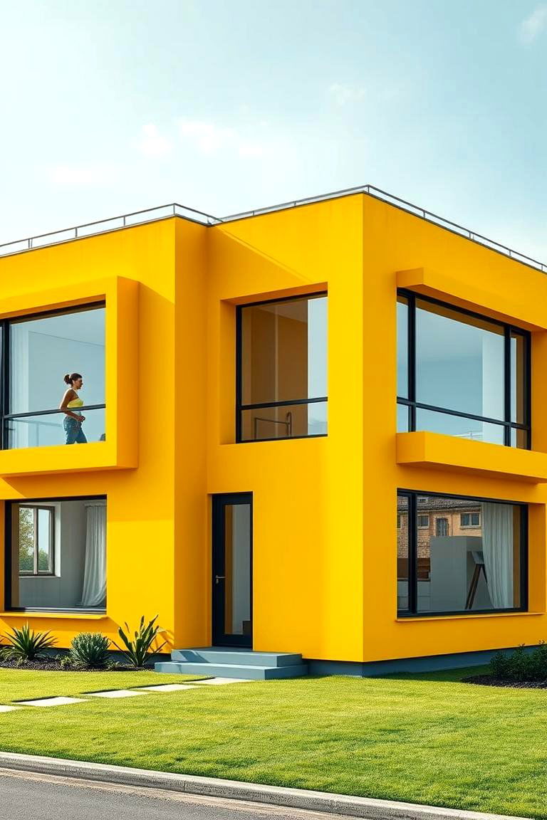 Modern Yellow Cube House with Flat Roof - 24 Yellow Exterior Home Ideas