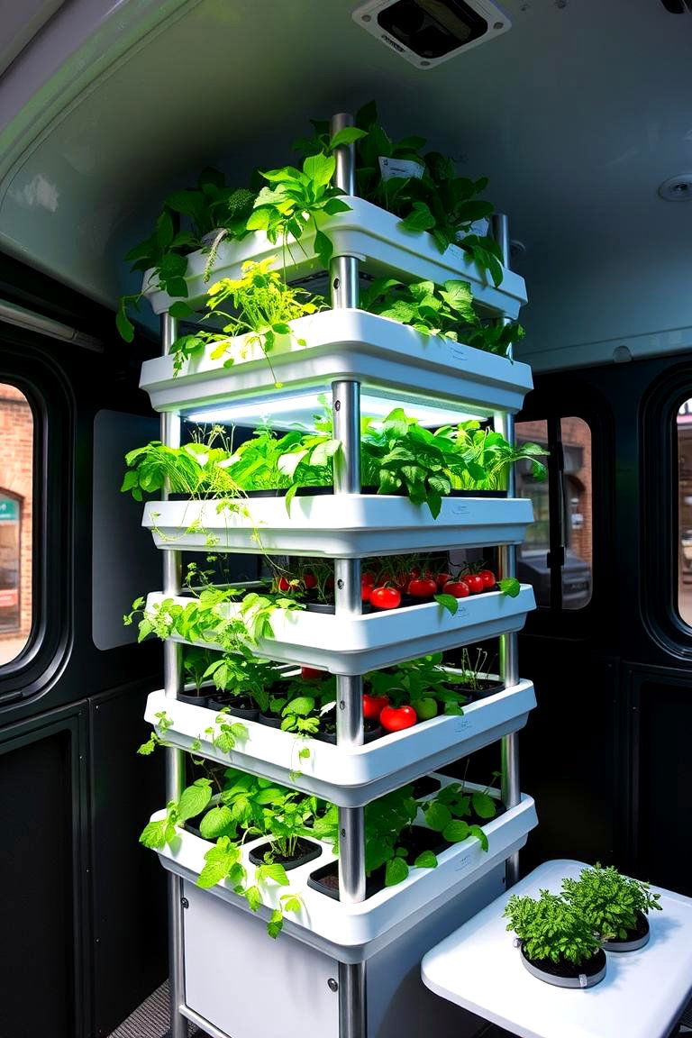 Modular Grow Towers in Bus Greenhouse - 24 School Bus Greenhouse Ideas