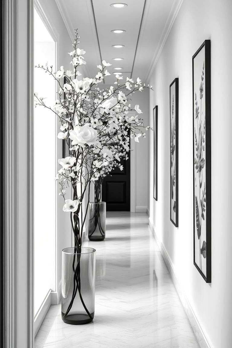 Monochromatic Floral Arrangements - 24 Black and White Hallway Ideas