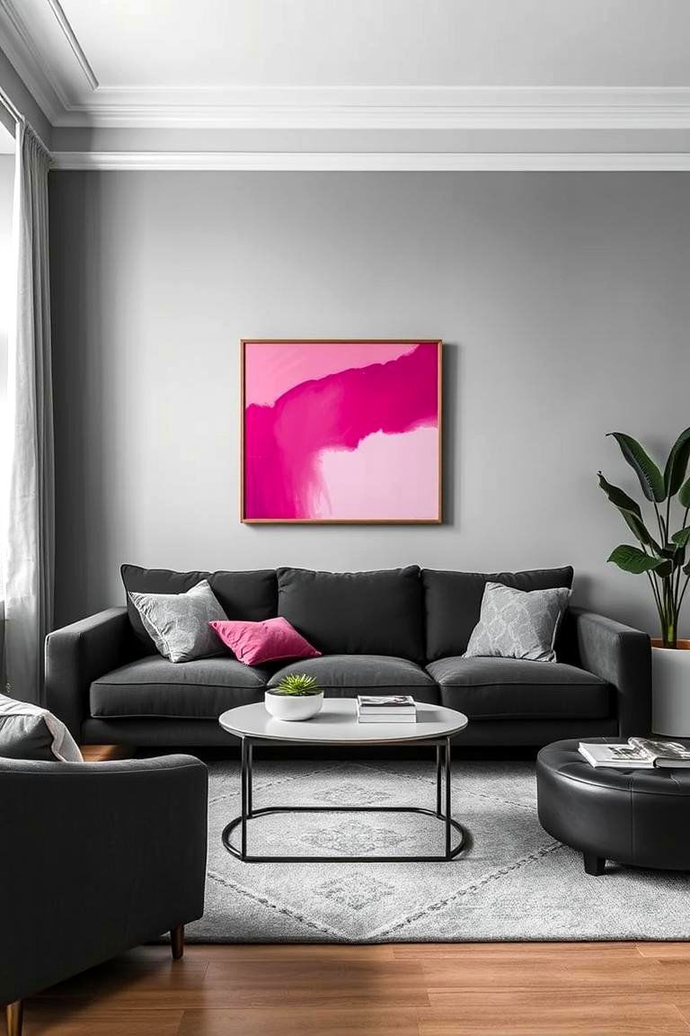 Monochromatic Grey with Pink Highlights - 24 Pink and Grey Living Room Ideas