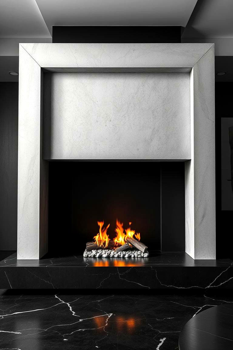Monochrome Concrete Fireplace with Bold Lines - 24 Concrete Fireplace Ideas