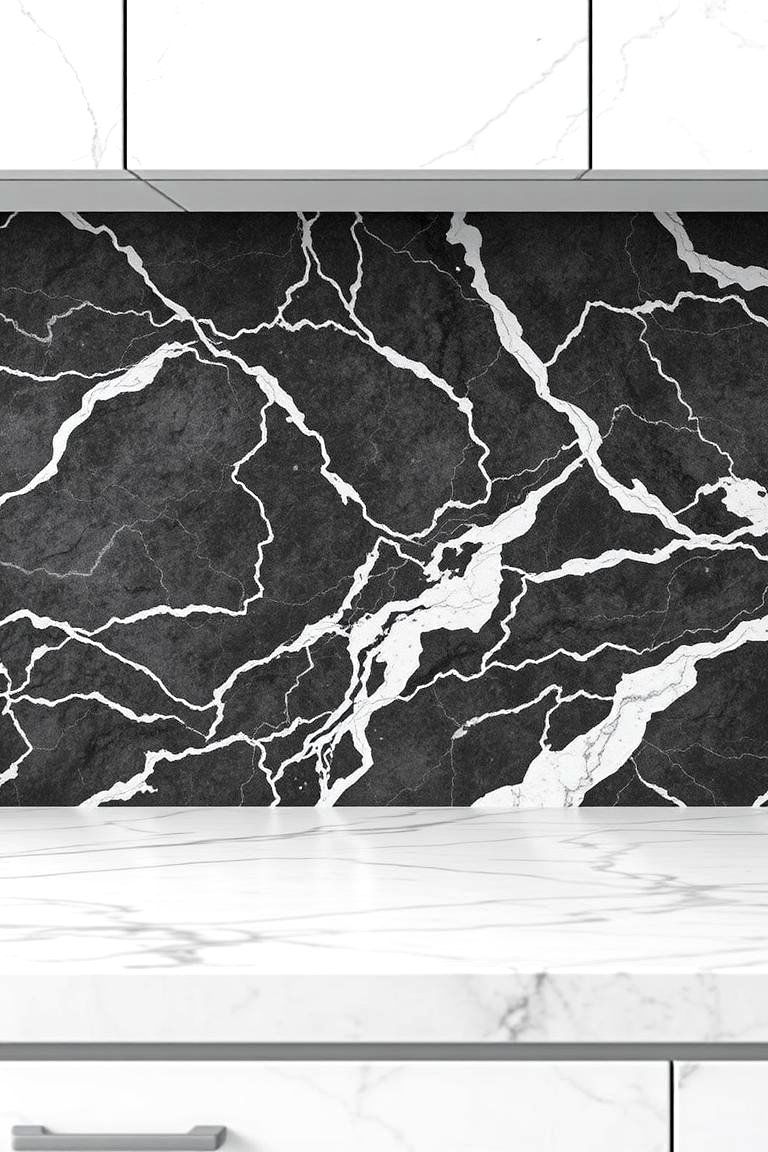Monochrome Marble Mimicry - 24 Black and White Kitchen Backsplash Ideas