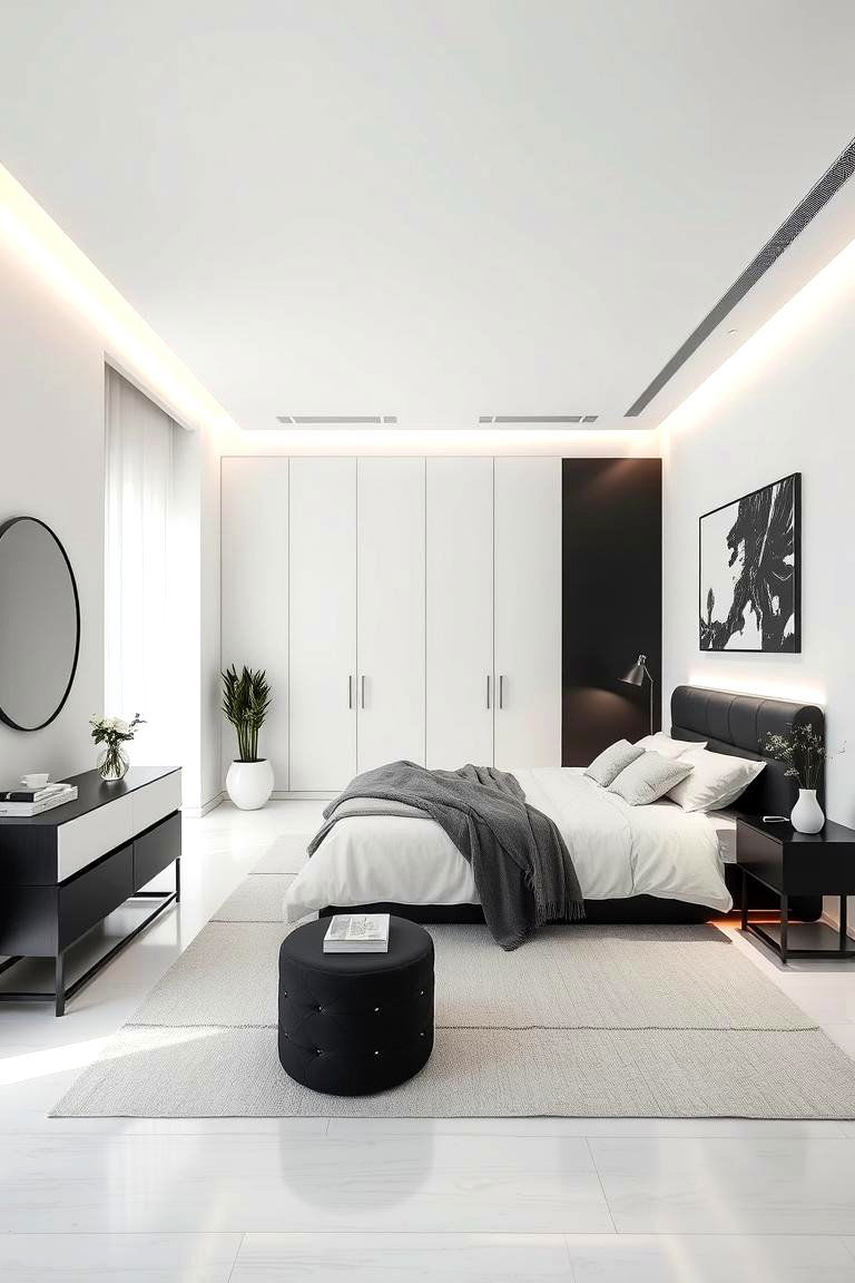 Monochrome Minimalist Haven - 24 Feminine Black and White Bedroom Ideas