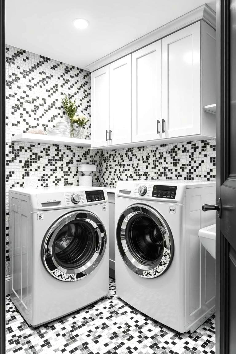 Monochrome Mosaic Mastery - 24 Black and White Laundry Room Ideas