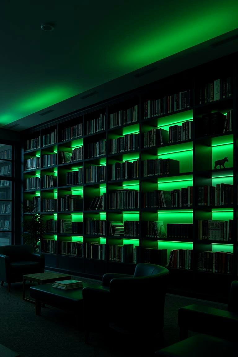 Moody Ambient Green Lighting - 24 Dark Green Home Library Ideas and Inspiration