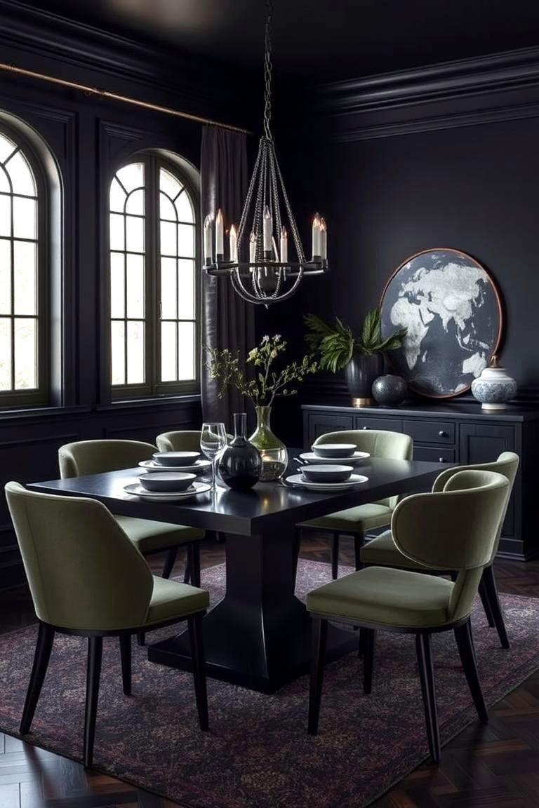 Moody Black Accents with Earthy Greens - 24 Moody Dining Room Ideas