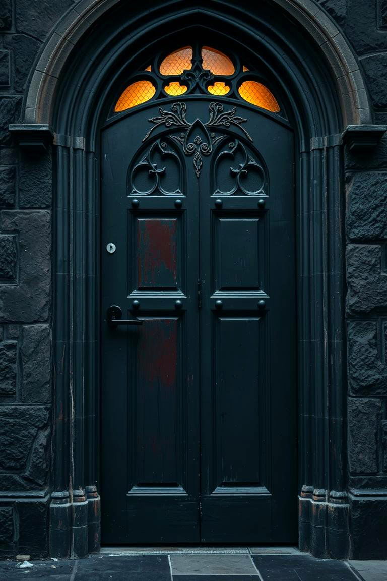 Moody Dark Door with Unique Finishes - 24 Gothic Front Door Ideas