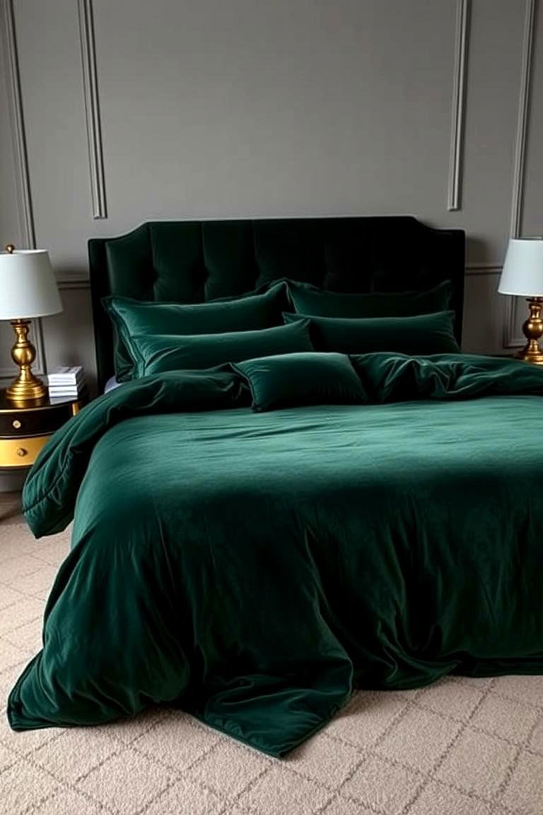 Moody Green Velvet Bedding - 24 Dark Green Bedroom Ideas