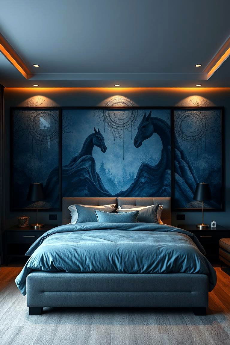 Moody Wall Murals in Blue with Black Borders - 24 Black and Blue Bedroom Ideas
