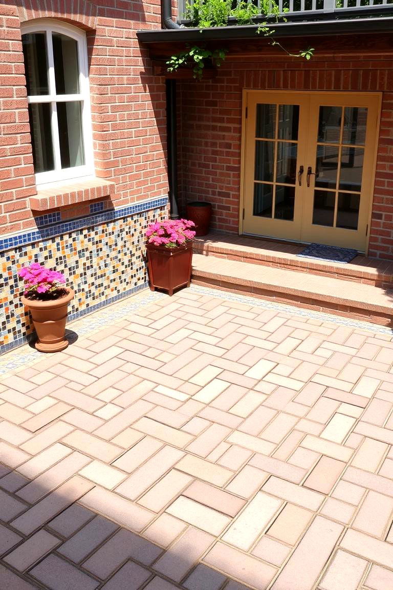 Mosaic Accent Herringbone Patio - 24 herringbone brick patio designs
