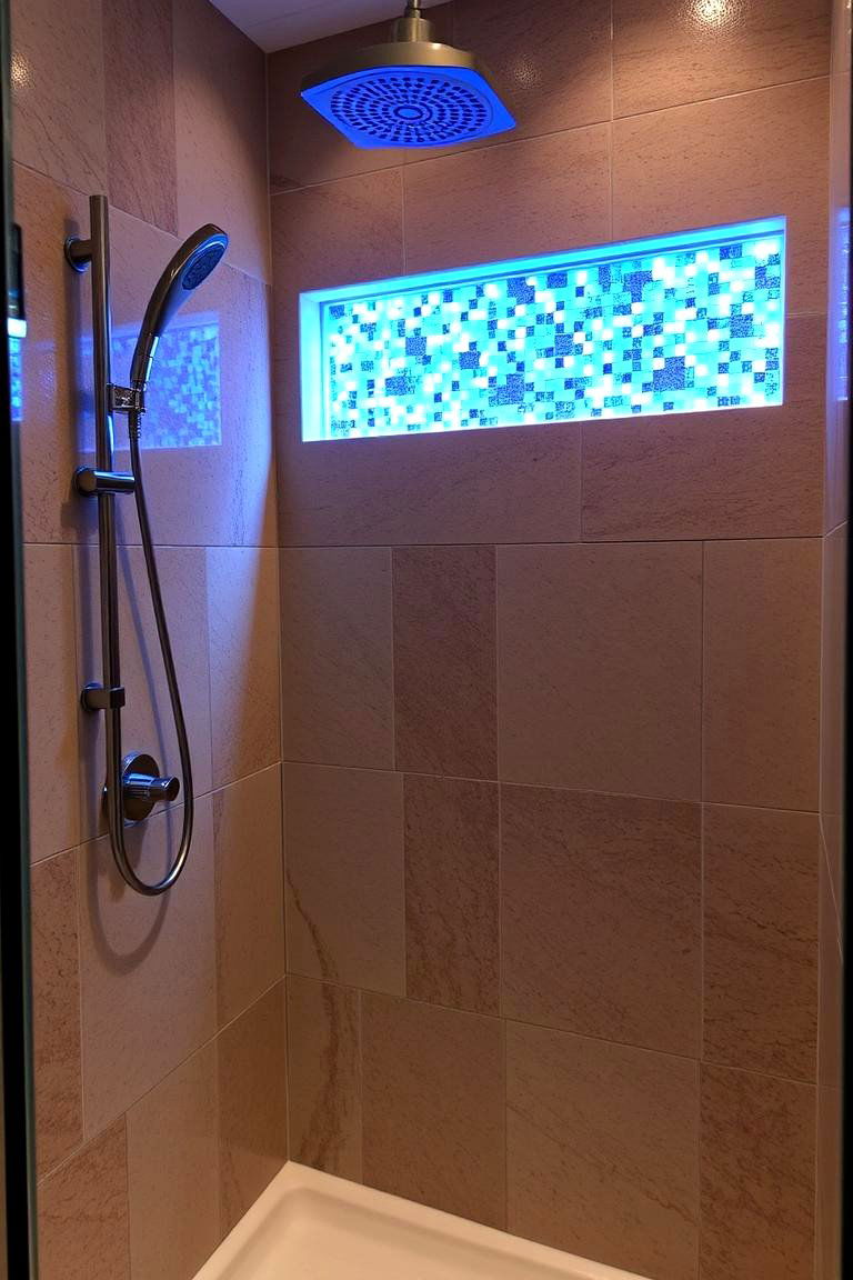 Mosaic Accent with LED Lighting - 24 Stone Shower Design Ideas