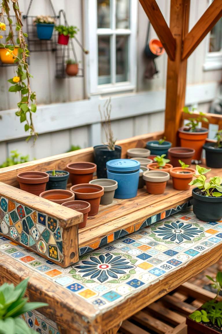 Mosaic Garden Potting Bench - 24 Mosaic Garden Ideas