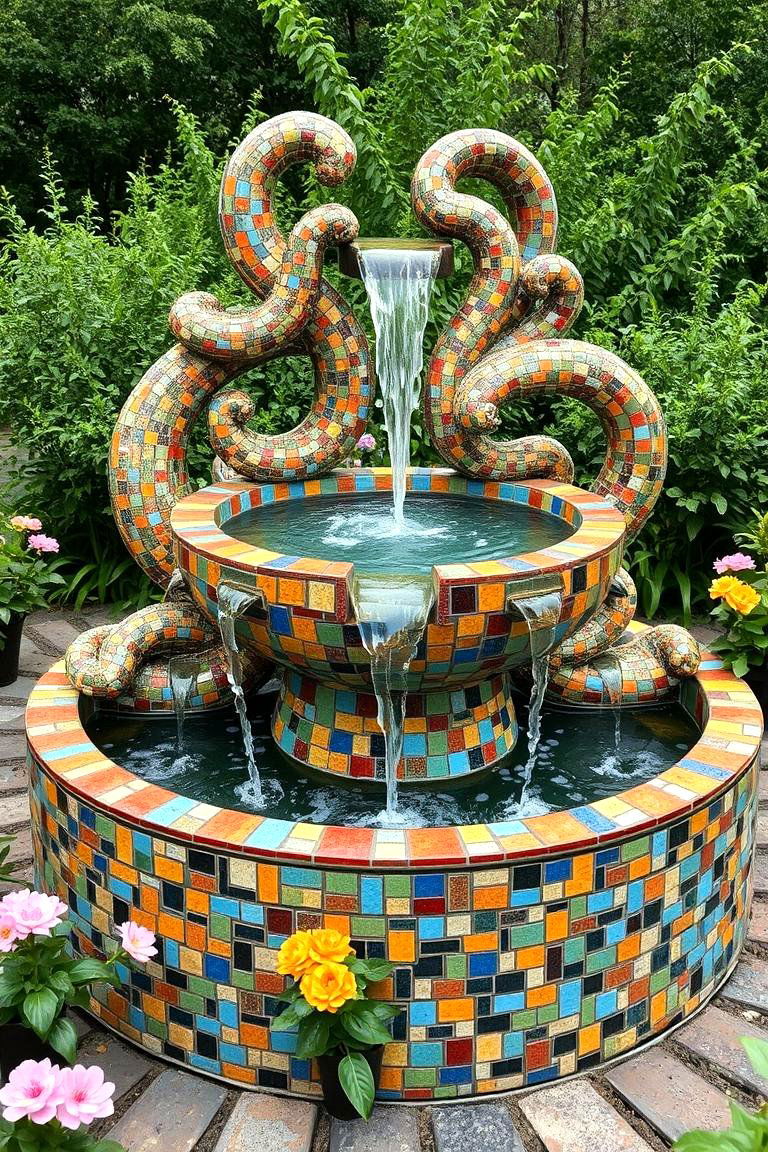 Mosaic Garden Sculptural Fountain - 24 Mosaic Garden Ideas
