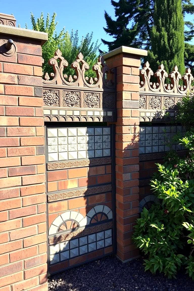 Mosaic Inlay Brick Fence Design - 24 Front Yard Brick Fence Ideas
