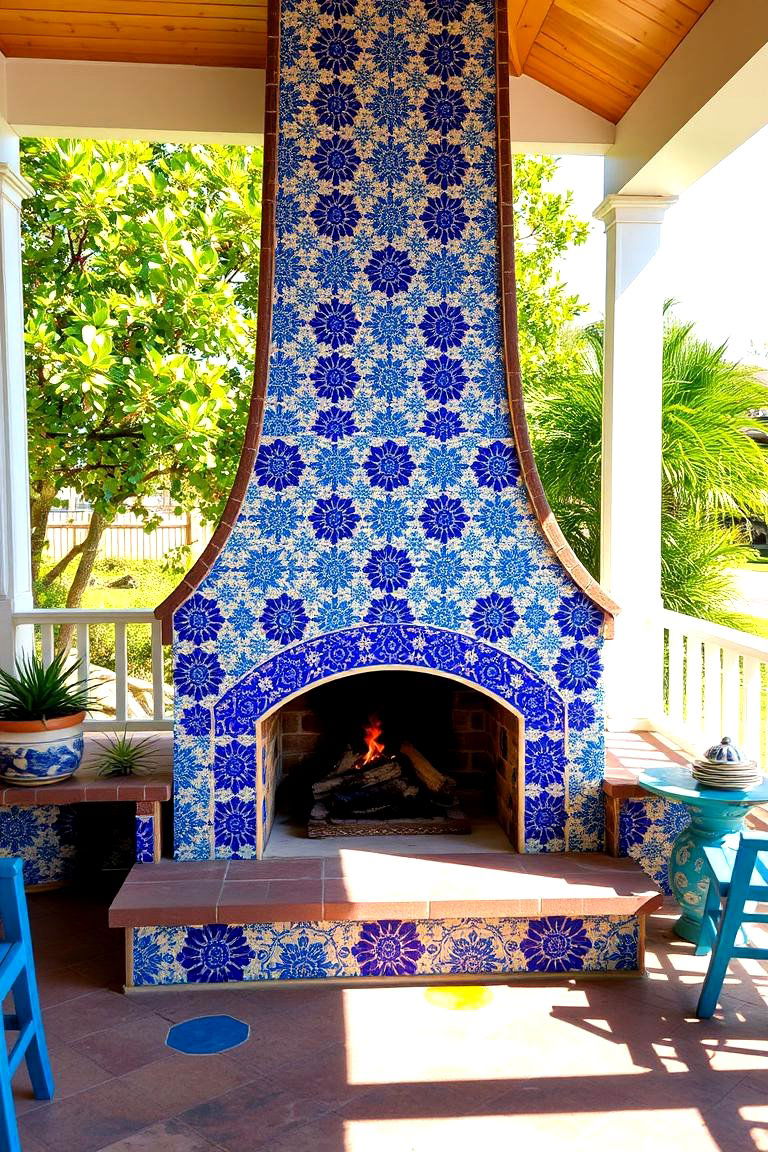 Mosaic Tile Outdoor Fireplace for Artistic Flair - 24 Porch Fireplace Ideas