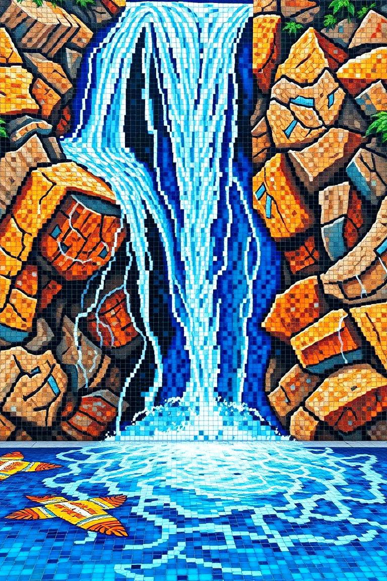 Mosaic Tile Waterfall Pool Mural - 24 Pool Murals
