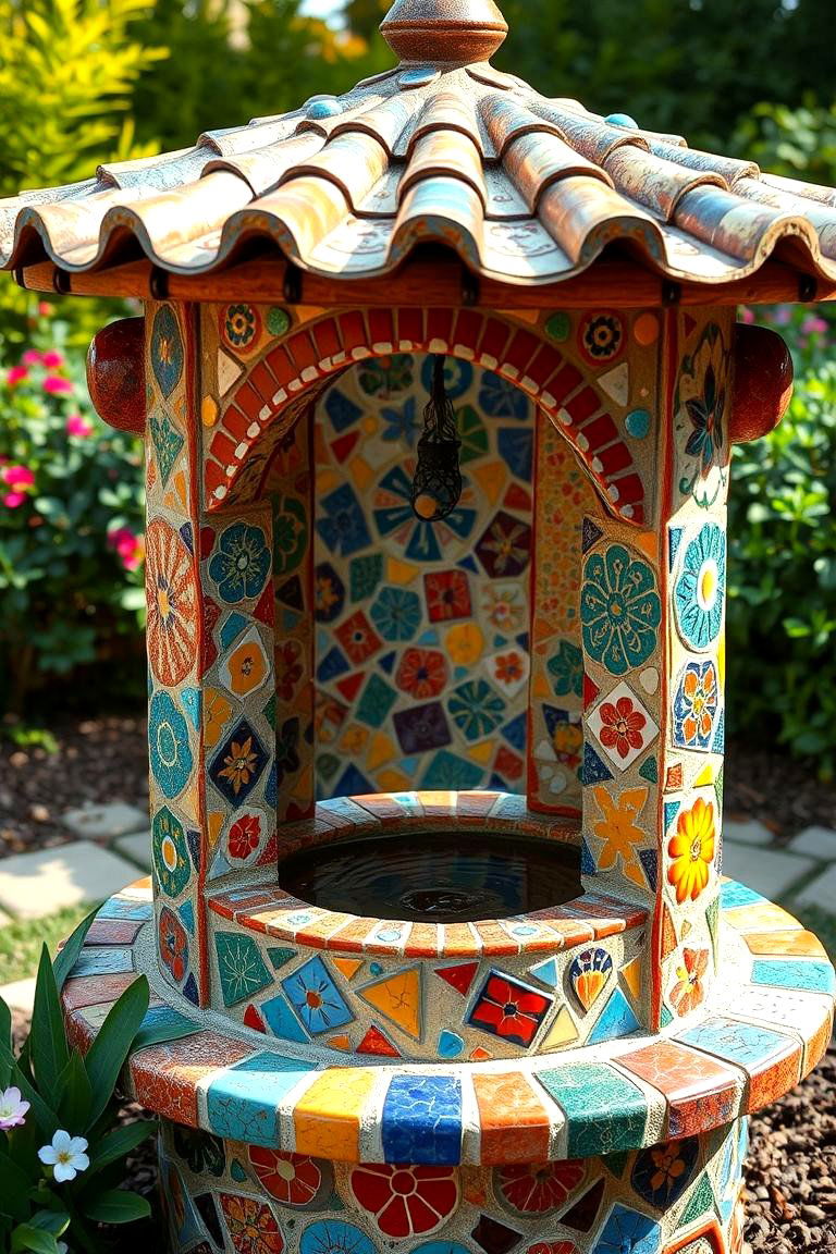 Mosaic Tiled Wishing Well - 24 Outdoor Wishing Well Garden Ideas