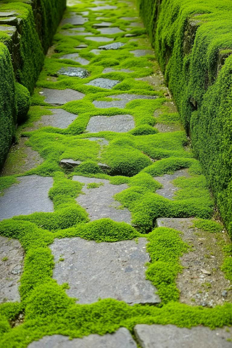 Moss Covered Walkway - 24 Farmhouse Walkway Ideas