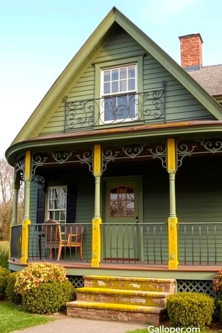 Moss Green with Wrought Iron Details - 24 Farmhouse Green Exterior Home Ideas