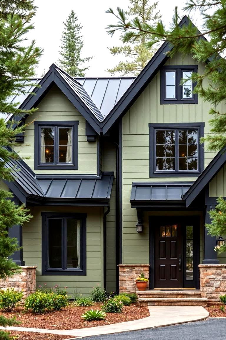 Mountain Style Ruggedness - 24 Sage Green House With Black Trim Ideas