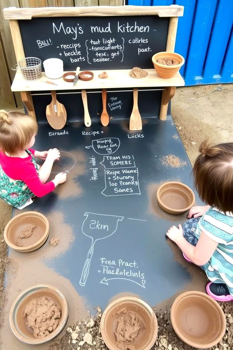 Mud Kitchen with Chalkboard Surface - 24 Mud Kitchen Ideas for Kids