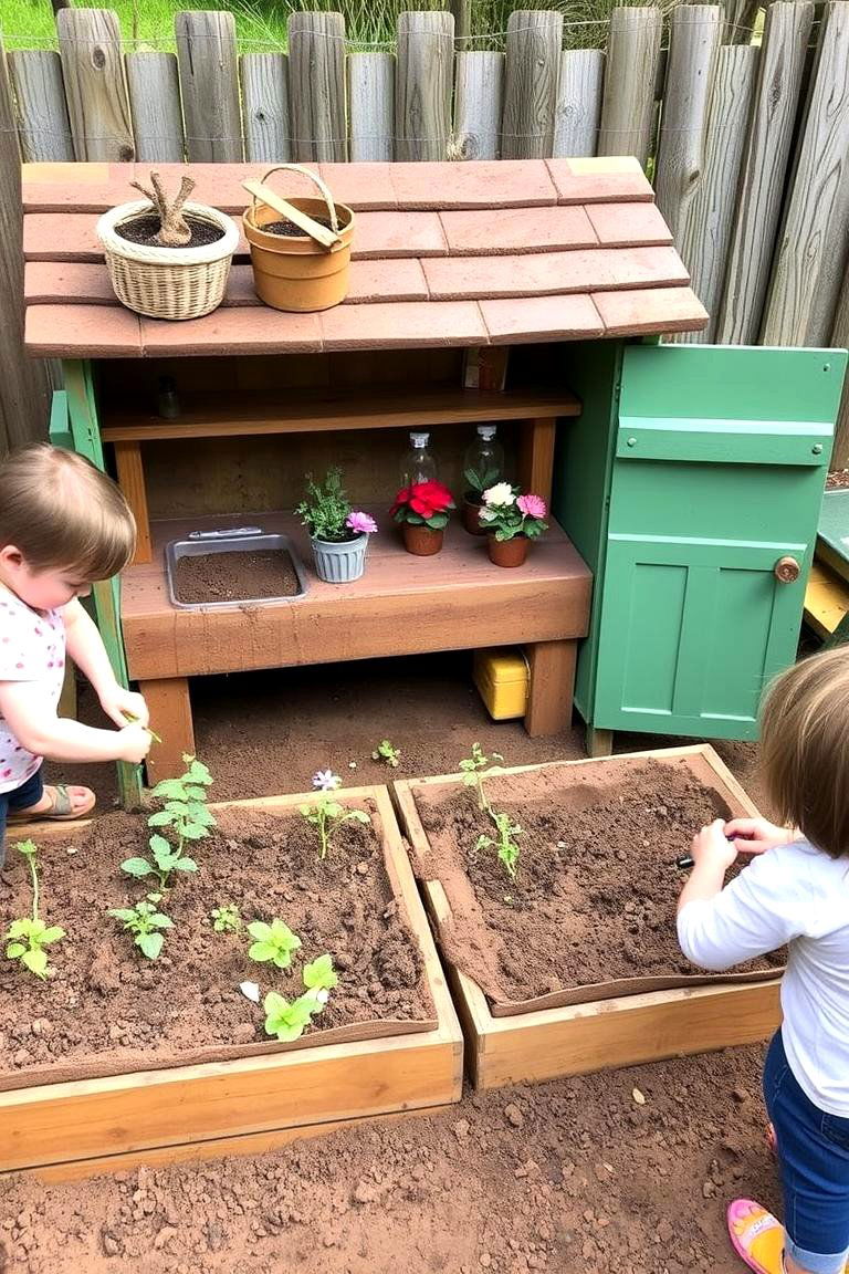 Mud Kitchen with Miniature Garden Beds - 24 Mud Kitchen Ideas for Kids