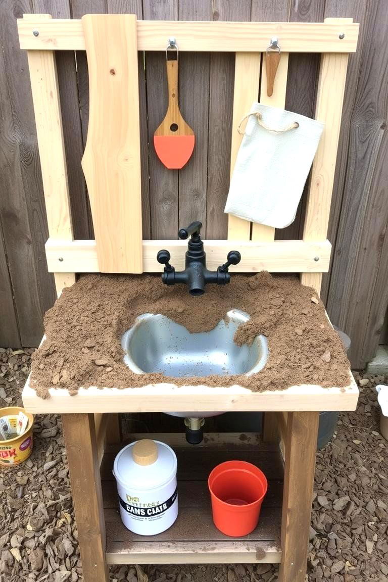 Mud Kitchen with a DIY Sink and Faucet - 24 Mud Kitchen Ideas for Kids